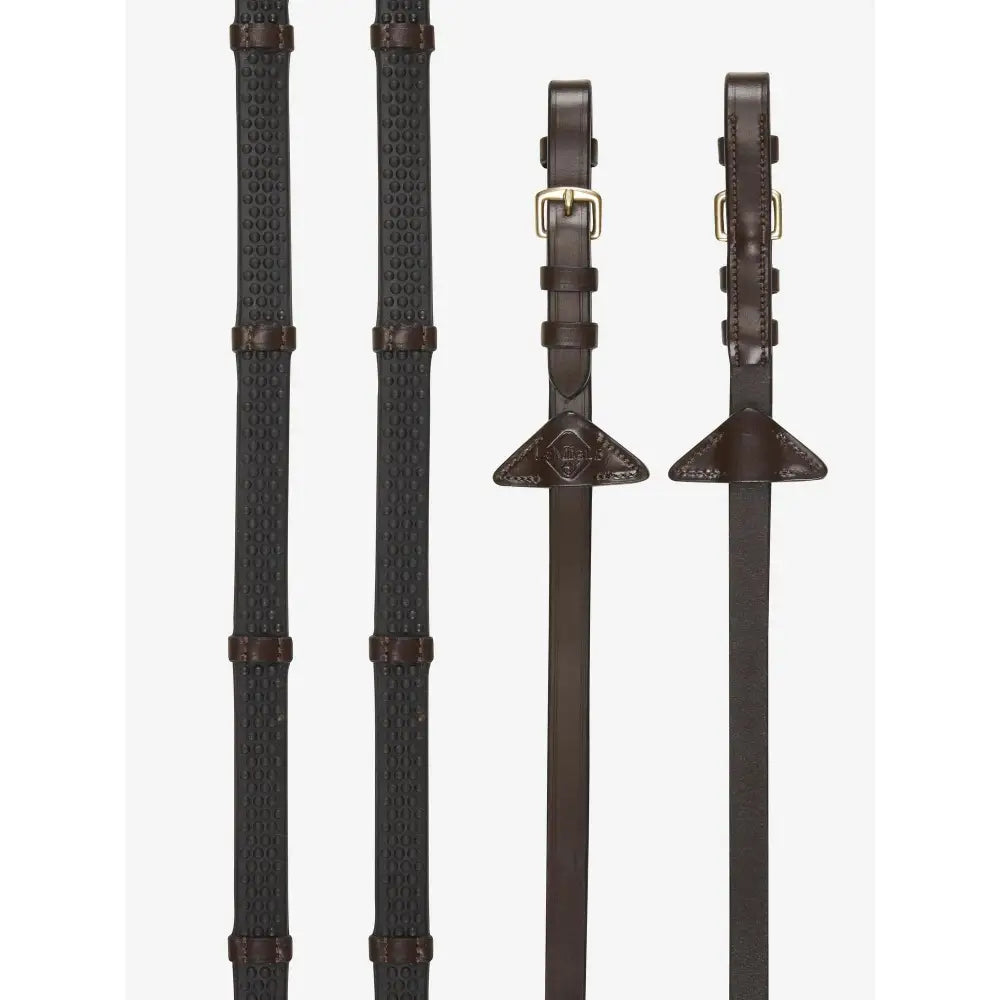 Lemieux Soft Rubber Reins with Stoppers Havana/Brass-Rubber Reins-Lemieux-Pony-Havana/Brass-Horsey Shopping