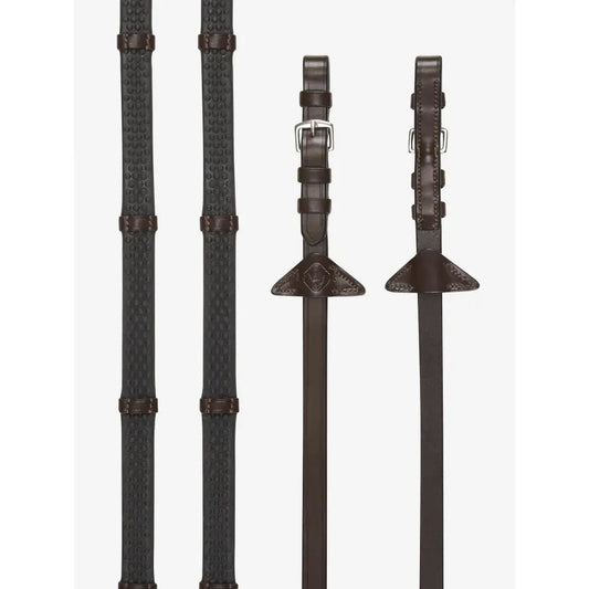 Lemieux Soft Rubber Reins with Stoppers Havana/Silver-Rubber Reins-Lemieux-Cob-Havana/Brass-Horsey Shopping